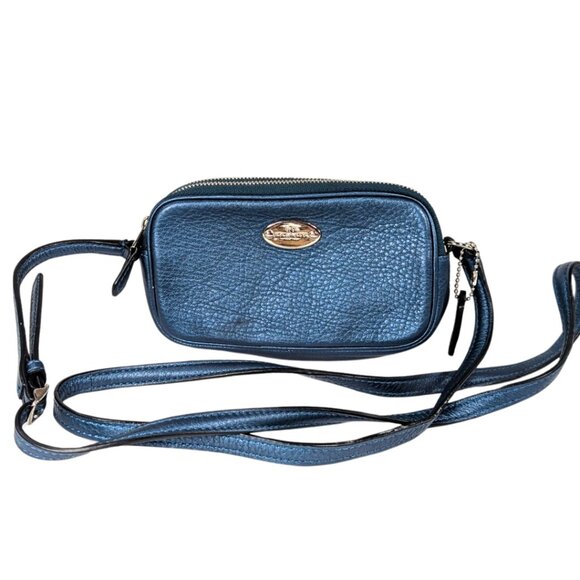 Coach Metallic Blue Leather Mini Double-Zip Pouch Crossbody Camera Bag F53372 - Picture 2 of 11